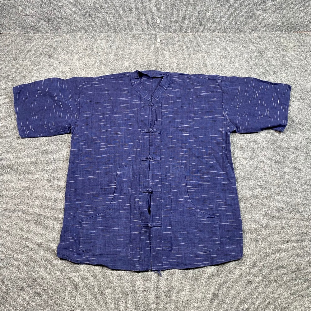 Indigo Blue Slub Cotton Frog Button Mandarin Collar Short Sleeve Shirt Mens L